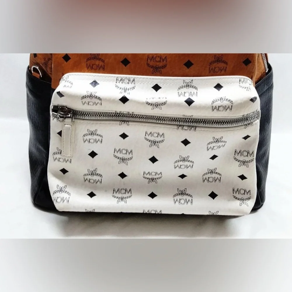 Authentic MCM BackPack Bag  Black Tan White leather pvc